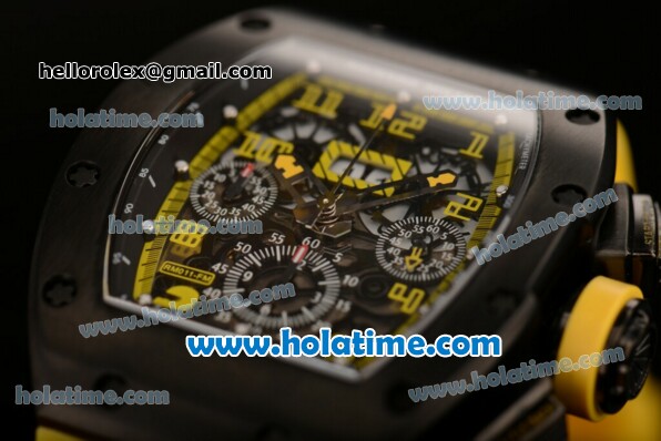 Richard Mille Felipe Massa Flyback Chrono Swiss Valjoux 7750 Automatic PVD Case with Yellow Markers Skeleton Dial and Yellow Rubber Strap - Click Image to Close
